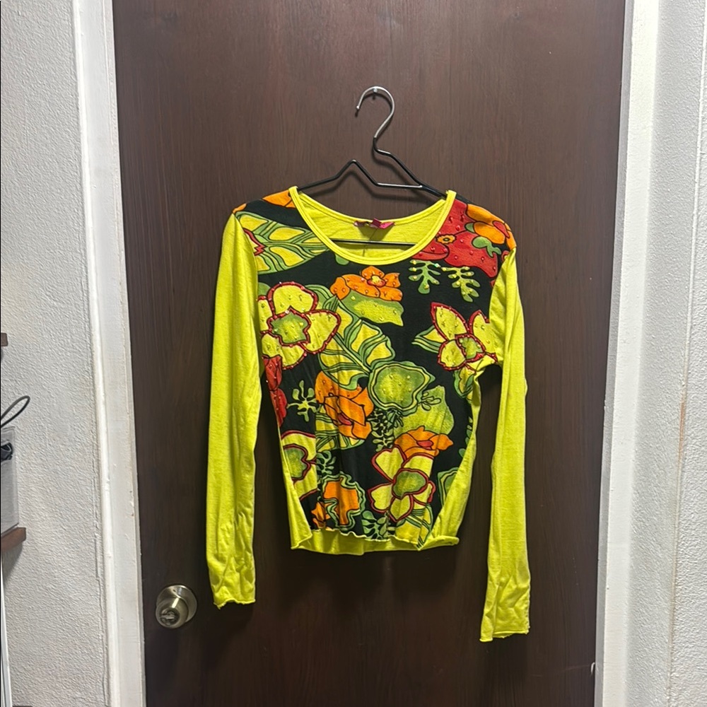 Champs Yellow and Green Graphic Fitted Blouse
